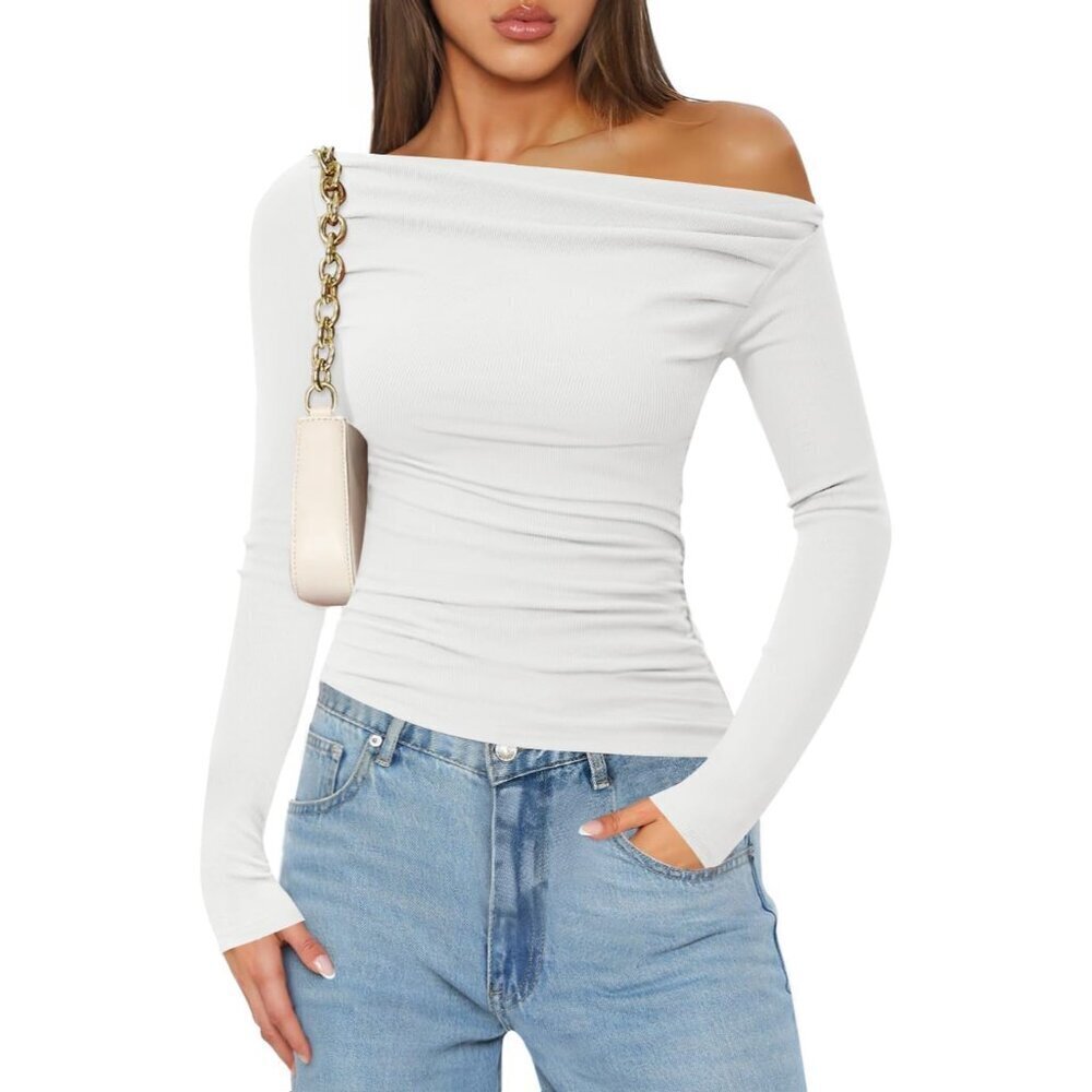 Women's Off Shoulder Long Sleeve Blouse Rayon Slim Fit Casual Fall Top